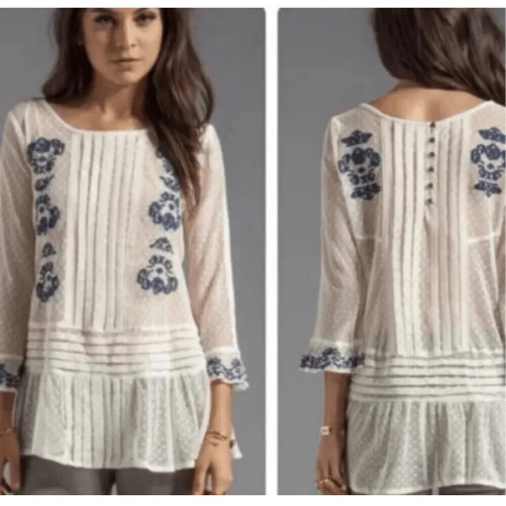 Free People Jocelyn Embroidered Cotton Top Polka Dot Boho Ivory Sz S